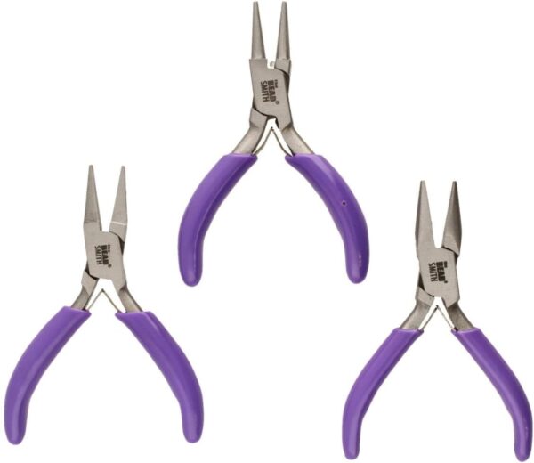 The Beadsmith Mini Series Plier Set 3Piece Kit: Chain Nose, Round Nose Flat Nose 3Inches, Purple Comfort Grip Handle, Single Leaf Spring, Polished Steel Head Tools For Jewelry Making