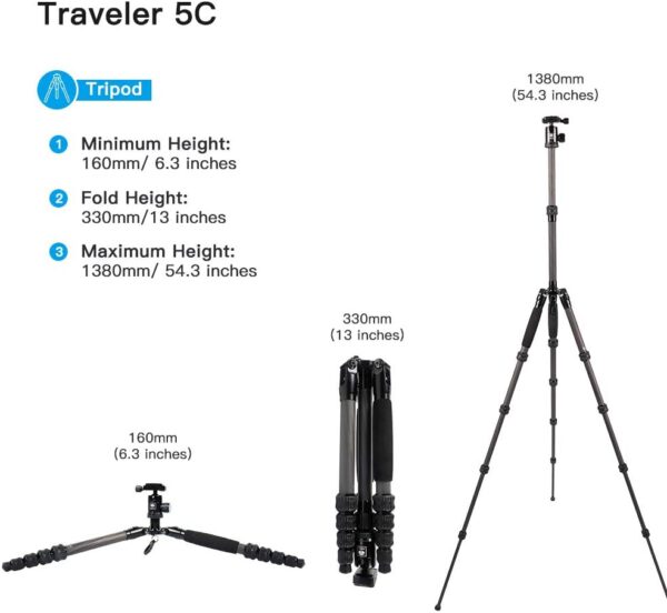 Sirui Compact Traveler 5C Tripod 54.3 Inches Lightweight Carbon Fiber Travel Tripod Portable Camera Tripod With 360° Panorama - Image 5