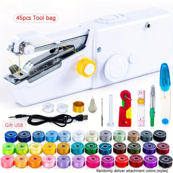 35pcs Mini Electric Handheld Sewing Machine Kit, Portable Automatic Sewer with USB & Battery Power, DIY Fabric Repair for Travel & Home, Easy to Use for Beginners, Random Color Attachments   35pcs sewing kit_White