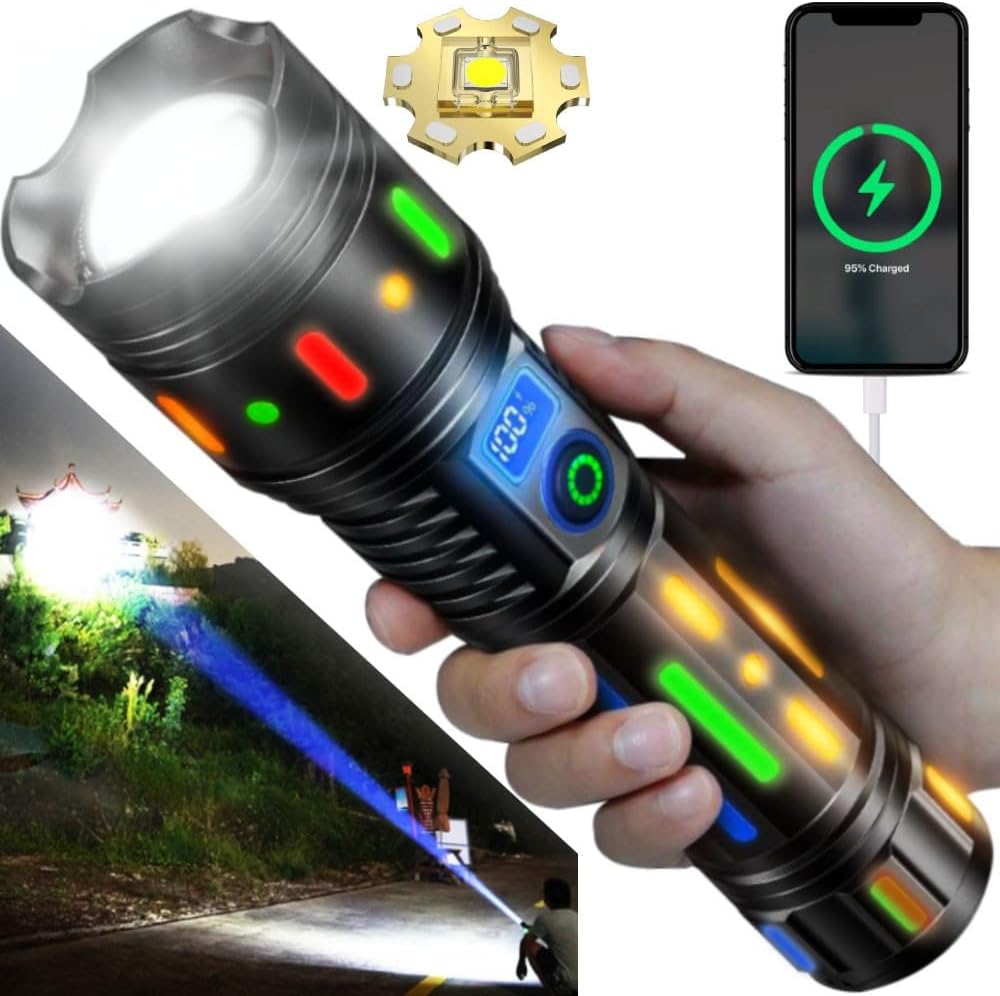 High Powered Handheld Flashlight Rechargeable LED Flashlights with a Long-range Reach Colorful Fluorescent Strips Body Mechanically Zoomable for Hunting Searching Fishing Exploring Camping