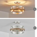 Wuzups 3-Light Metal Drum Chandelier Imitation Wood Grain Shade Round Semi Flushmount Ceiling Lighting Rustic Farmhouse Fixture Foyer Entry Kitchen, H 9.4" X W13.8, E26 Base, Nickel - Image 4