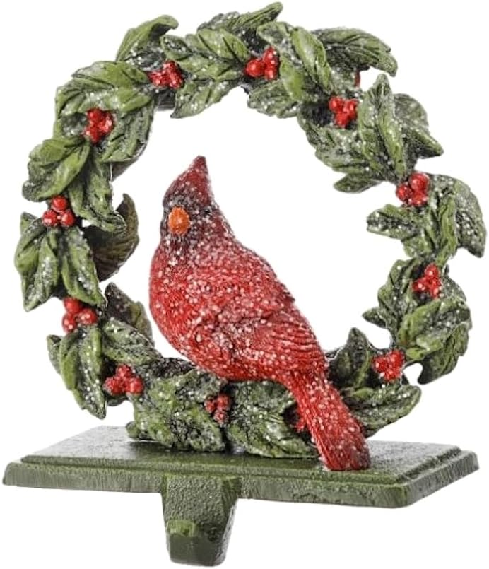 The Bridge Collection Cardinal in Wreath Stocking Holder - Festive Cardinal Stocking Hanger for Holiday Decor - Snowy Cardinal Christmas Stocking Holder