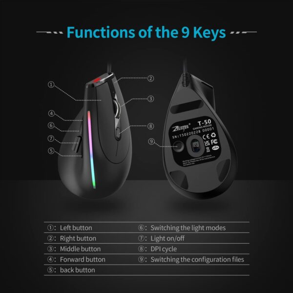 zelotes Wired Vertical Mouse,2021 Ergonomic Design USB LED Optical Mouse with 6 Buttons and 4 Adjustable Sensitivity 800/1200/2400/3200DPI for Computer,Black… (T50Wired) - Image 5