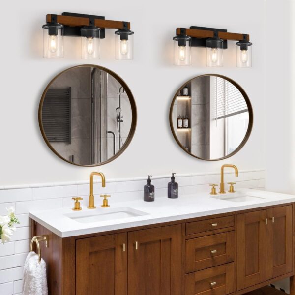 Wood Vanity Light, Farmhouse Bathroom Light Fixtures Over Mirror, 3-Light Rustic Vanity Lighting Fixtures With Clear Glass Shade, Vintage Farmhouse Wall Sconce Indoor Lighting - Image 2