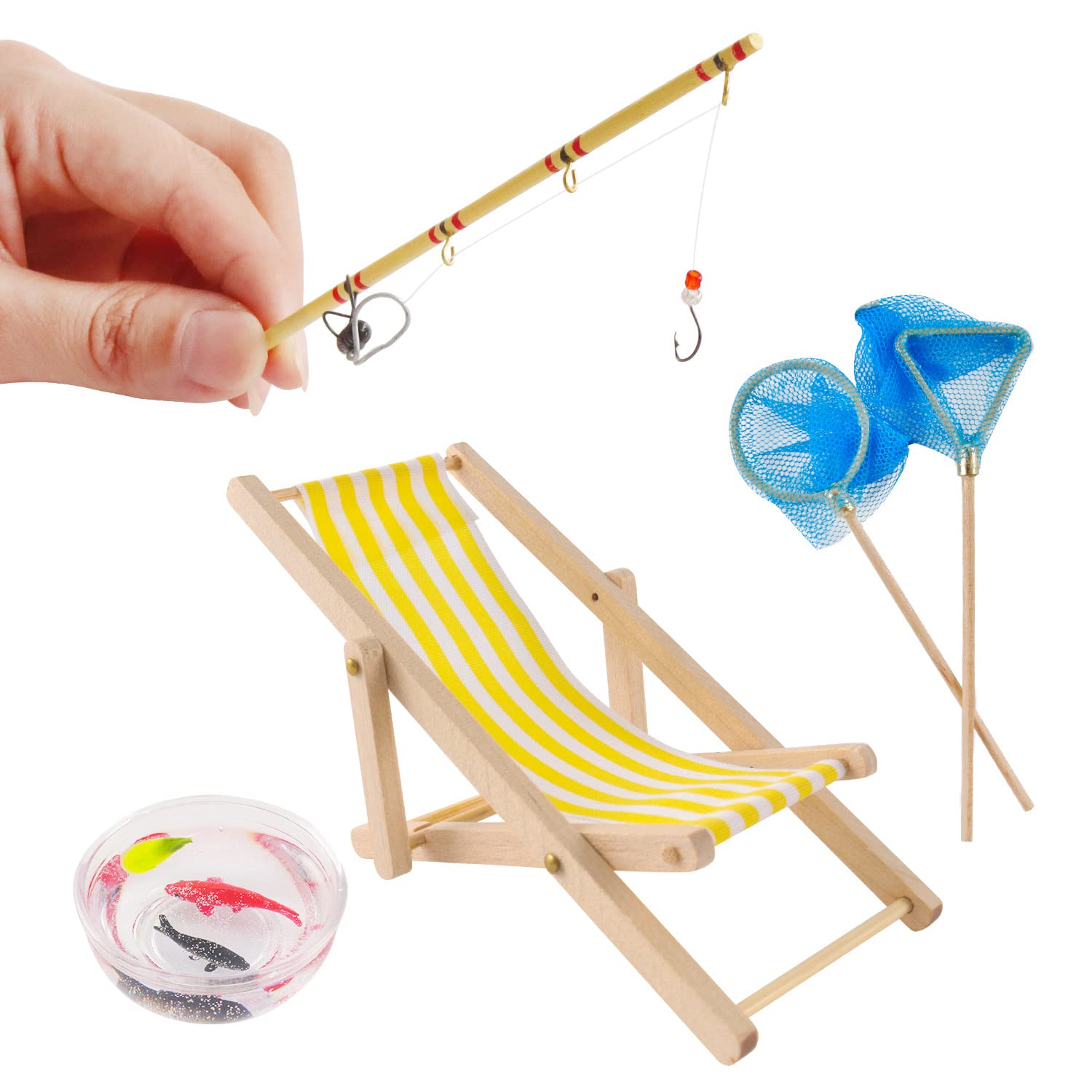 5 Pieces Miniature Fishing Rod Life Sene Dollhouse Decoration Fish Bowl Fishing Net Miniature Fishing Acessories
