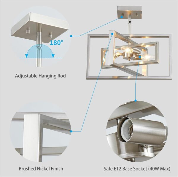 Xingqi Brushed Nickel Chandelier 3-Light Modern Pendant Lighting Fixtures Semi Flush Mount Ceiling Lights For Dining Room Bedroom Living Room Kitchen Entry Foyer - Image 6