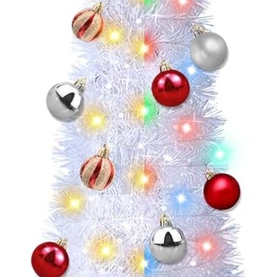 5 Ft Pop Up Christmas Tree with Timer Dual Color Change 8 Mode, 1 Minute Christmas Tree 50 Warm White & Colorful Light 3D Star 25 Ball Ornament Battery Operated Slim Tinsel White Xmas Tree Indoor