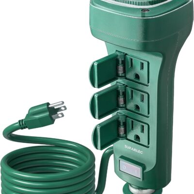 SURAIELEC Outdoor Power Stake Timer Waterproof, Dusk to Dawn Light Timer, 6 Electrical Outlet Power Strip Weatherproof, 6FT Extension Cord Multiple Outlet for Lights, Garden, Christmas Decorations