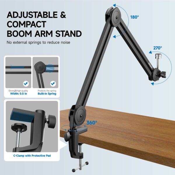 Uniqus Microphone Boom Arm, Heavy Duty Boom Arm Mic Stand Suspension Scissor Mic Arm Desk Mount with Upgraded Mic Clip Max Clamping Range 60mm for Blue Yeti Snowball,Shure,Hyperx Quadcast Other Mic - Image 4