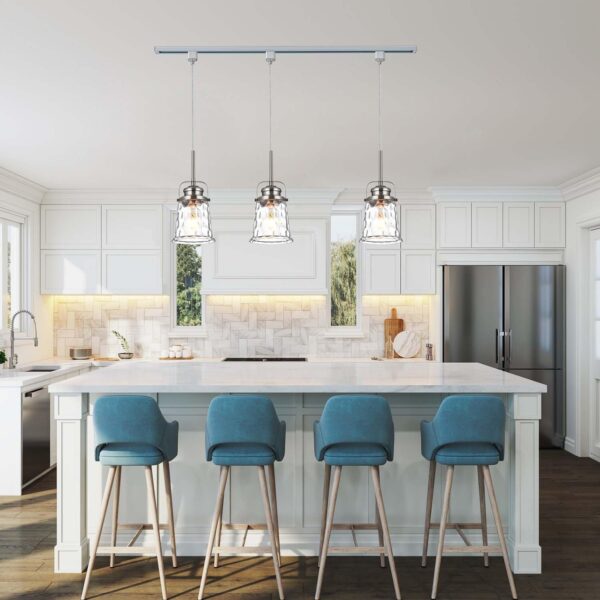 H-Type Track Lighting, 3-Light Modern Halo Track Pendant Light With Hammered Glass Kitchen Island Pedant Adjustable Length For Bedroom Kitchen Brushed Nickel Finish - Image 7