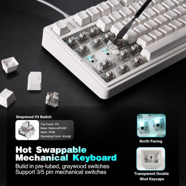 YUNZII B75 Gasket Mechanical Keyboard,75% Hot Swappable Gaming Keyboard with Knob,TKL Custom Keyboard with 5-Layer Foam,Blue LED,Double Shot Shine Through Keycaps,for Win/MAC (Graywood Switch,White) - Image 6