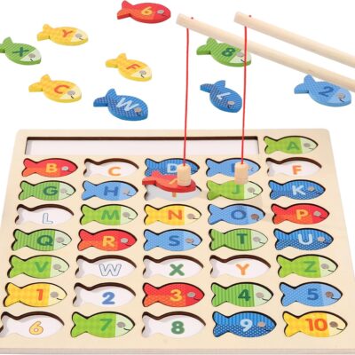 Wooden Magnetic Fishing Game for Toddlers, Montessori Fine Motor Skills Toy with Letters and Numbers, Preschool Learning ABC and Puzzle Easter Toys Gift for 3 4 5+ Year Old Kids(2 Poles)