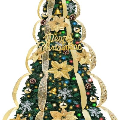6.5Ft Prelit Fully Decorated Pop Up Christmas Tree, Dual Color Change 1 Minute Christmas Tree, 220 Warm White&Colored Lights 8 Modes Timer, 74 Ornaments&Gold Ribbon Pull Up Collapsible Xmas Tree Decor