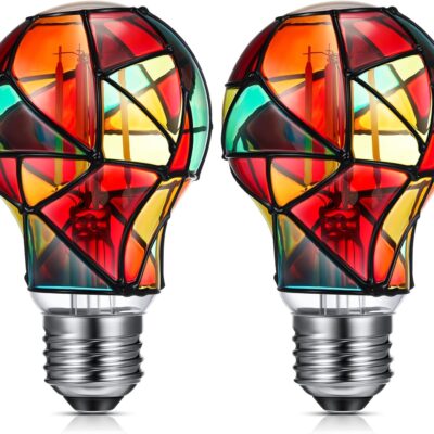 2 Pcs Stained Glass LED Light Bulb E26 Base Colorful Lightbulb 120V Flickering Lightbulb Bulbs for Christmas Xmas Home Balcony Garden Party Decoration (A60)