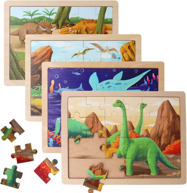 Bestamtoy Wooden Dinosaur Puzzles For Kids Ages 35.4 Packs 24 Pcs Jigsaw Puzzles Preschool Educational Brain Teaser Boards Toys