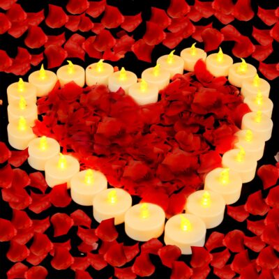 Valentines Romantic Night 2000 Pieces Artificial Rose Petals for Her, with 24 Pack Battery Tea Lights Flameless Romantic LED Tea Lights for Night Light Valentine's Day Anniversary Wedding