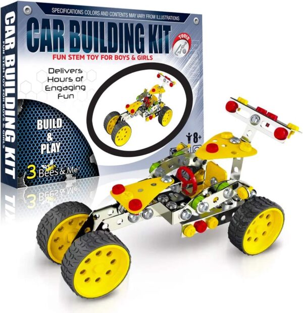 3 Bees & Me STEM Car Building Toy Kit | Educational Metal Project for Boys and Girls Aged 8-11 Years Old (Ages 6-7 with Help) Beginner Gift Set for STEM Learning and Junior Engineers