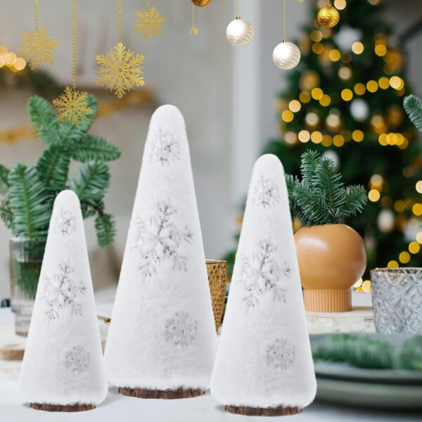 Zubebe Set of 3 Plush Christmas Tree Figurine, Tabletop Farmhouse Rustic Tree Figurine Christmas Boho Plush Tree Centerpieces with Snowflakes for Christmas Entryway Decor, Winter Home Decor(White) - Image 3