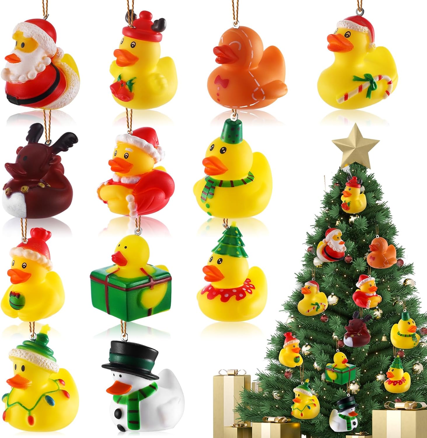 Syhood 12 Pcs Christmas Rubber Ducks Christmas Hanging Ornament Ducks Holiday Christmas Party Favors Christmas Stocking Stuffers for Christmas Tree Decorations Xmas Home Decor