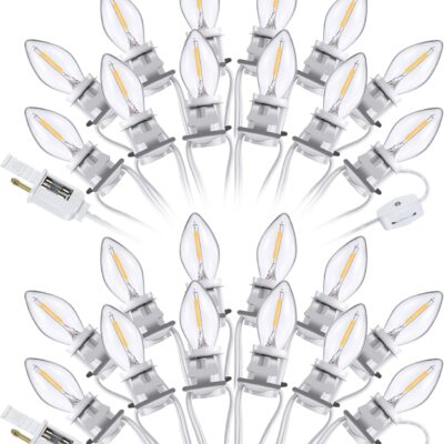 2 Pack Accessory Cord with LED Light Bulb C7 Cord Clip Christmas Village Lights with Double Spare Fuse Blow Mold String Lights Decoration for Xmas Village House Pumpkin Crafts Holiday Decor (12 LED)