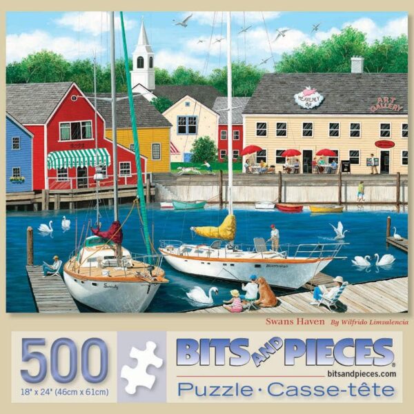 Bits And Pieces 500 Piece Jigsaw Puzzle For S 18 X 24 Swans Haven 500 Pc Boat Sea Town Cape Summer Jigsaw By Artist Wilfrido - Image 2