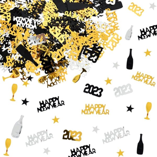 New Years Confetti 2023 Confetti Decorations New Year Black Gold and Silver Winter Star Champagne Glass Wine Bottle Design Confetti for New Year Parties Holiday Activities Table Decorations Supplies