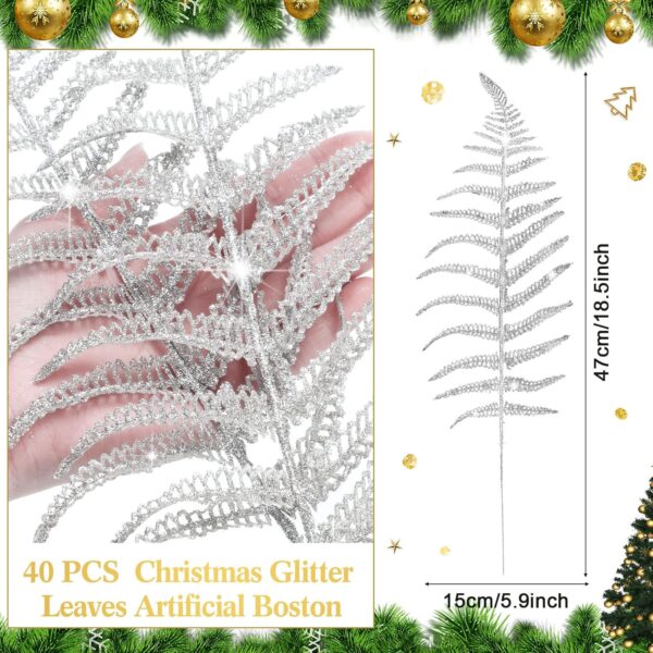 Yunsailing 20 Pcs Christmas Glitter Leaves Artificial Flashing Leaves Tropical Leaf Wedding Pick Flower Arrangement Wreaths DIY Hanging Ornament for Wedding Party Decoration(Silver, 20 Pcs) - Image 2