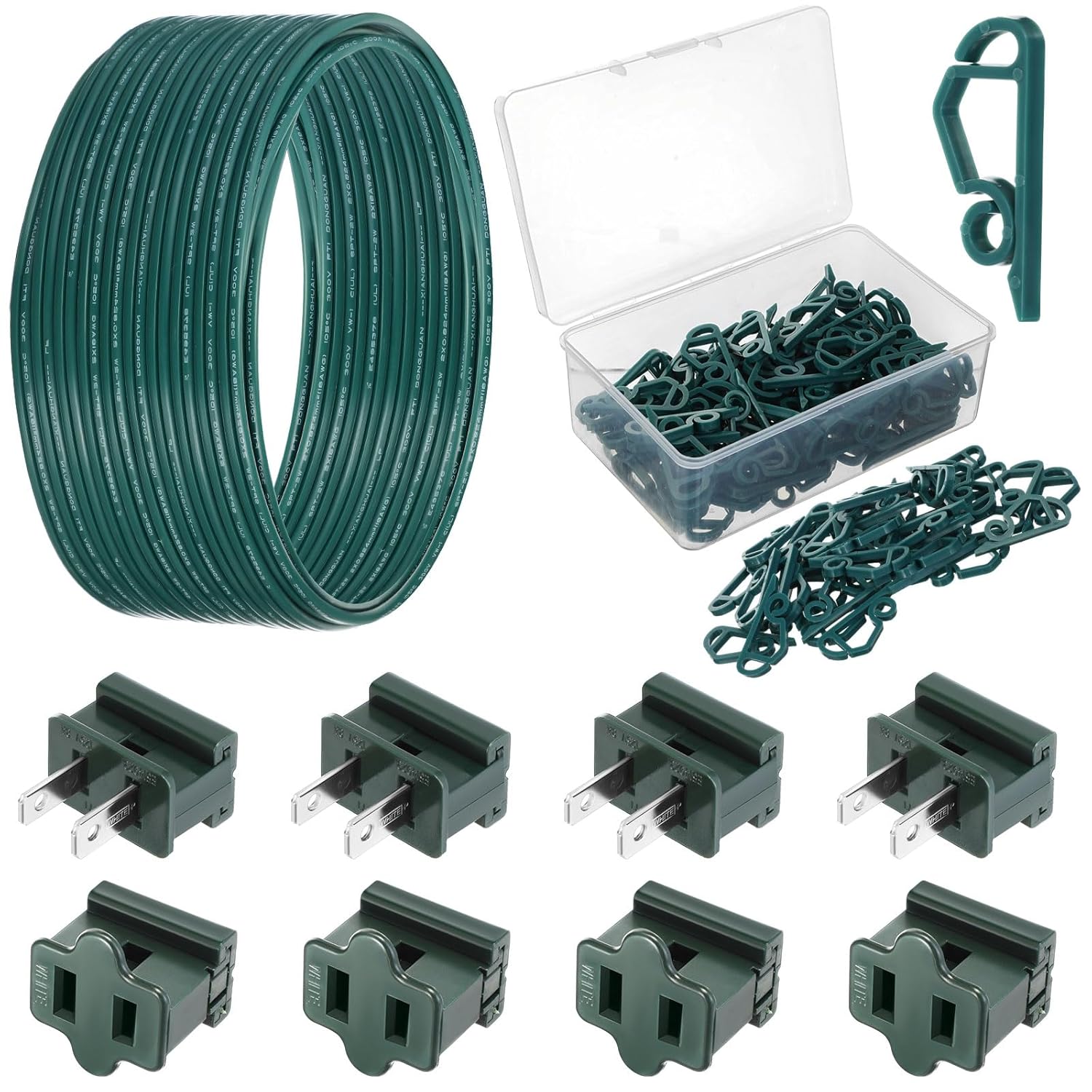109pcs SPT-1 Electrical Wire, Christmas Female and Male Slip Plug, Christmas Light Clip Set Weatherproof 18AWG 2-Conductor Wire for Christmas Party Decoration (50ft,Green)
