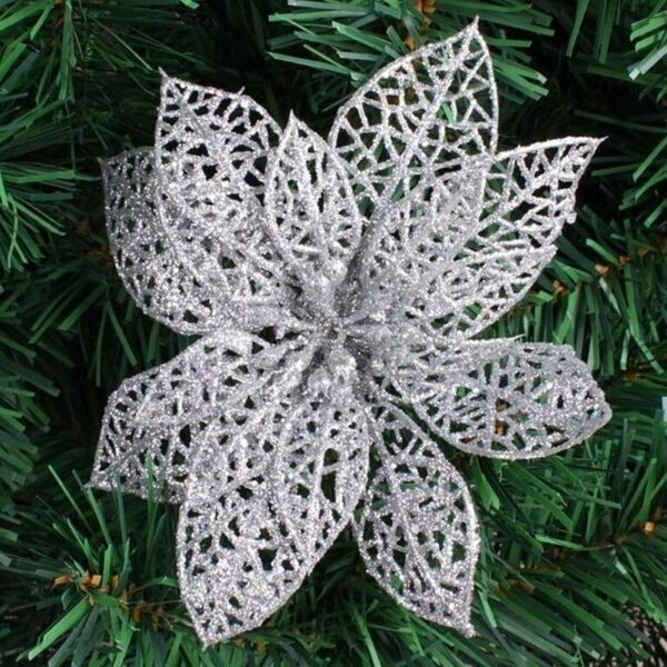 30 Pack Christmas Silver Glitter Poinsettia Flowers Picks Christmas Tree Ornaments 5.9" Wide For Silver Christmas Tree Wreaths Garland Holiday Seasonal Wedding Decorations - Image 7
