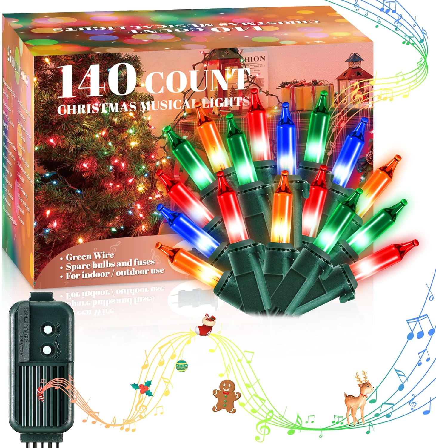 Meonum Christmas Lights with Music, Singing Christmas Lights Plays 25 Classical Holiday Songs, 7 Function Mode, Adjustable Volume and Mute, Musical Christmas Tree Lights(Multi Color,32 FT)