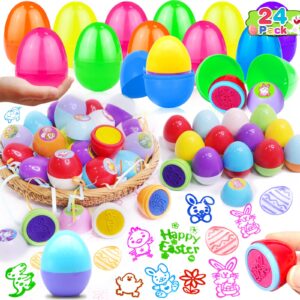 24 Pack Easter Toys Easter Eggs Filled, Easter Eggs and 24 Different Easter Egg Stampers,Easter Basket Stuffers for Kids Boys Girl
