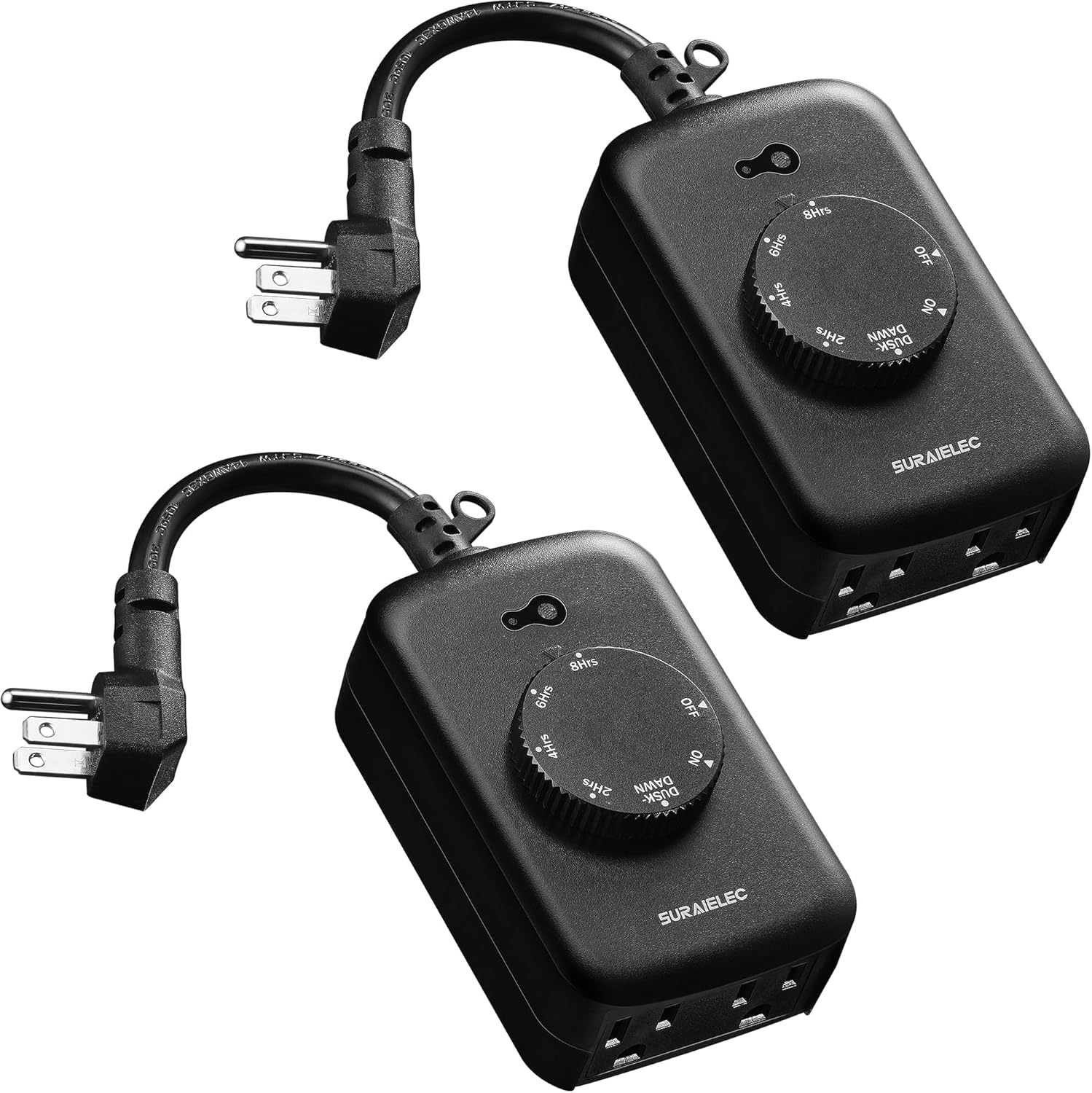 SURAIELEC Outdoor Light Timer Dusk to Dawn, 2 Electrical Outlets Sensor Timer, 8/6/4/2hr Countdown Timer, Weather-Resistant Photocell Timer for Christmas, Outdoor Lights, 15A, ETL Listed, 2 Pack