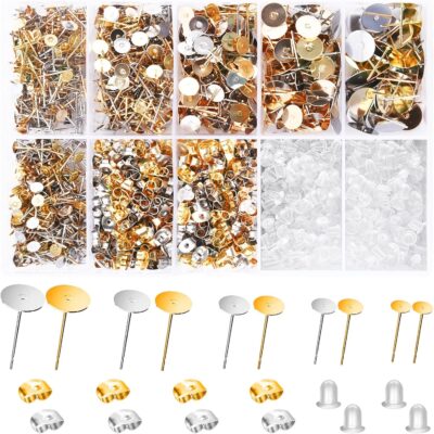 Veract Earring Posts And Backs, 2000Pcs Golden And Silver Hypoallergenic Earring Studs For Jewelry Making Kit, Butterfly Earring Backs And Rubber Earring Backs With Box 4Mm, 5Mm, 6Mm, 8Mm, 10Mm