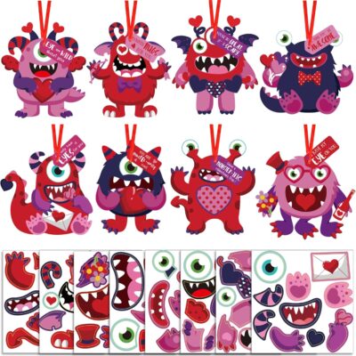 40 Sets Valentine's Day Crafts Kits for Kids, Valentine's Day DIY Monster Cards for Kids, Valentines Paper Craft Hanging Ornament