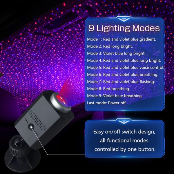 Usb Star Projector Night Light, 3 Colors 9 Lighting Modes, Portable Adjustable Romantic Car Interior Lights, Usb Car Roof Light - Image 3