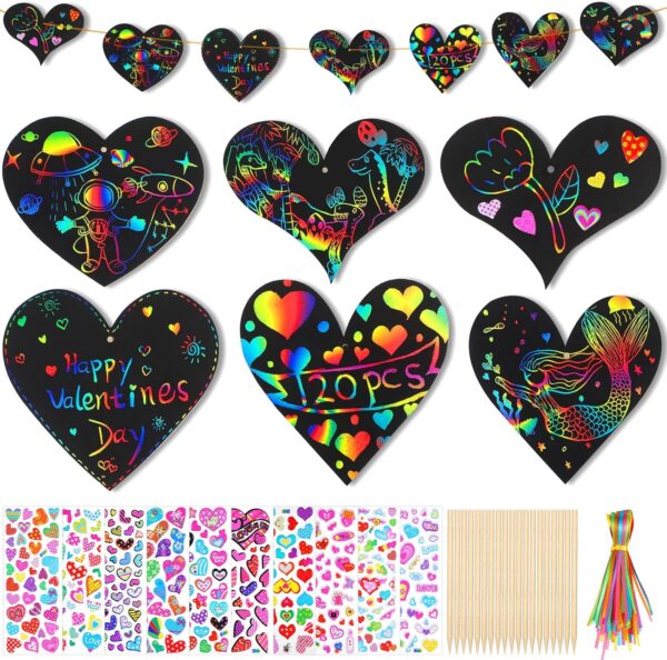 120 Pieces Valentines Day Craft Bulk for Kids Heart Scratch Paper Art with Rainbow Colors Valentine Scratch Cards,120 Heart Cards