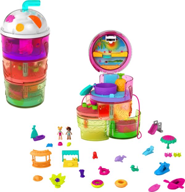 Polly Poket Spin ‘n Surprise ompat Pclayset, Tropial Smoothie Shape, Waterpark Theme, 3 Floors, 25 Surprise Acessories Including