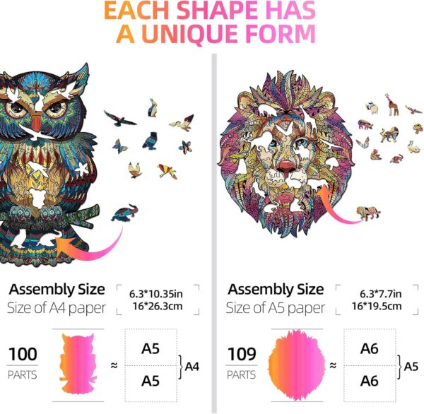 Wooden Jigsaw Puzzles For S 2 In 1, Animal Shaped Wood Cut Puzzles, Owl 100 Pieces, Small 6.3X10.4, Lion 109 Pieces, Small 6.3X7. - Image 3
