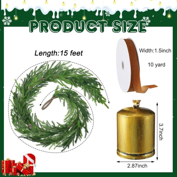 1 Pcs Norfolk Pine Garland with 1 Pc Khaki Velvet Ribbon 3 Pcs Rustic Iron Wrought Bell for Christmas Home Decor(15 Ft) - Image 2