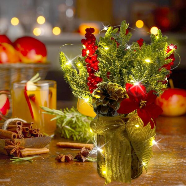 Watayo Artificial Burlap Small Christmas Tree Tabletop Decoration with Lights- 10" x 3" Mini Potted Christmas Tree Table Decoration with Red Berry Pine Cones for Home Room Mantel Party Xmas Decor - Image 5