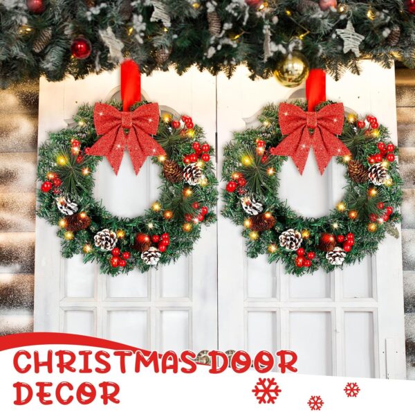 VIHOSE 4 Pcs Christmas Wreath 13'' Artificial Christmas Front Door Wreath Ornament with LED Light Xmas Wreath Red Bow Pine Cones Red Berries Pine Needle for Holiday Party Decoration Battery Operated - Image 3