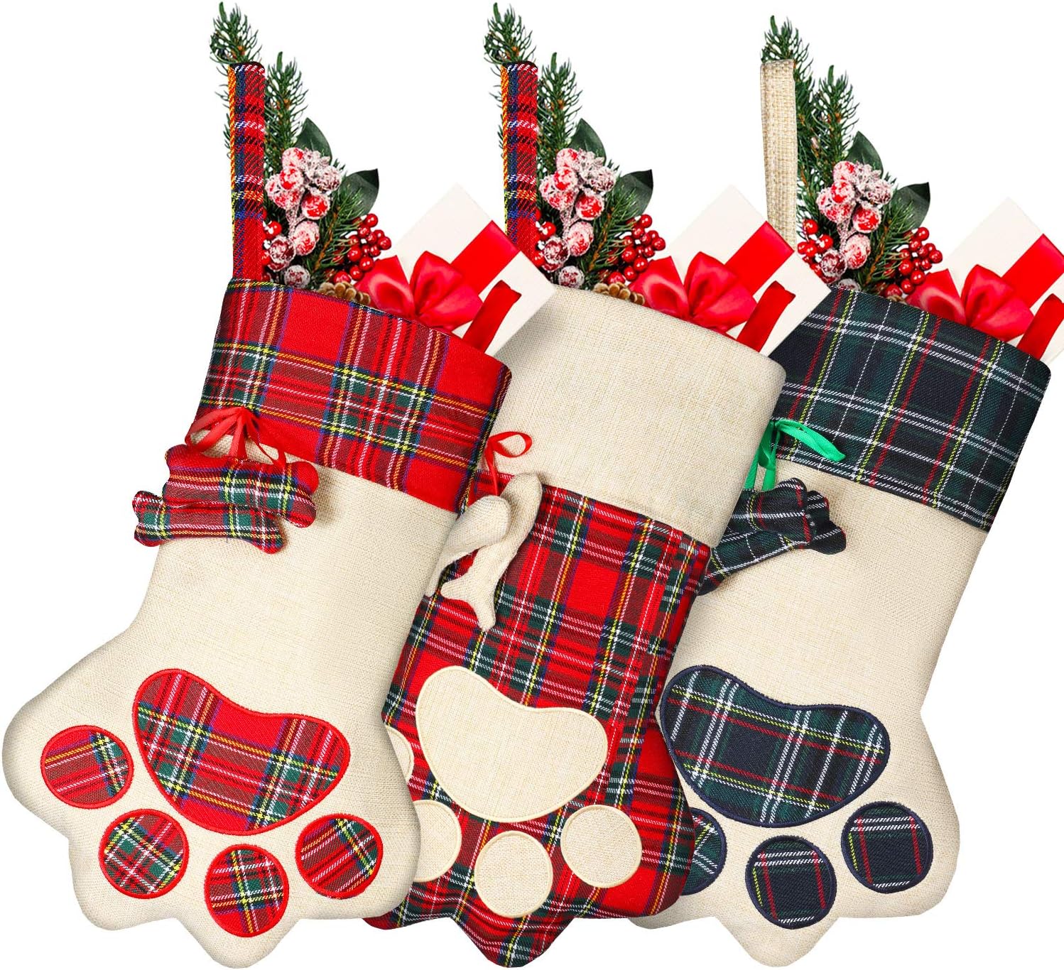 Syhood 3 Pieces 18'' Large Christmas Stockings Pet Dog Cat Paw Christmas Stockings Xmas Tree Fireplace Hanging Stockings Christmas Party Stockings(Simple Style,Linen,Cotton)