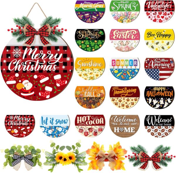 Vicenpal Interchangeable Welcome Sign for Front Door with 17 Magnetic Icons, Wooden Seasonal Front Porch Door Decor with 4 Seasonal Wreaths and 17 Changeable Icons for Holiday Party