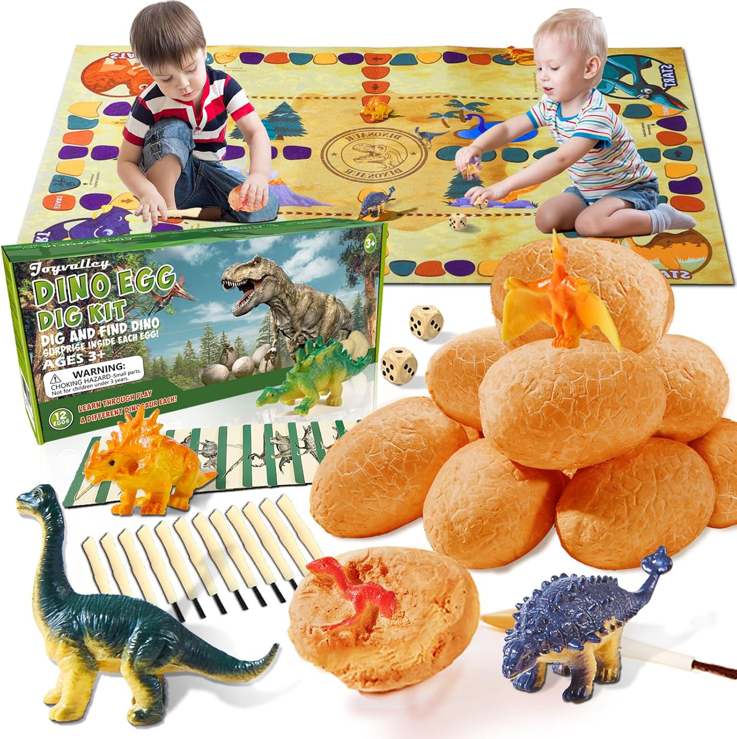 Dinosaur Eggs Dig Kit Toys - 12 Dino Fossil Eggs Excavation Kit w Play Mat for Kids Easter Party Favor Basket Stuffers STEM Toy Christmas Birthday Gift for Boys Girls Age 3 4 5 6 7 8 9 10 Years Old C