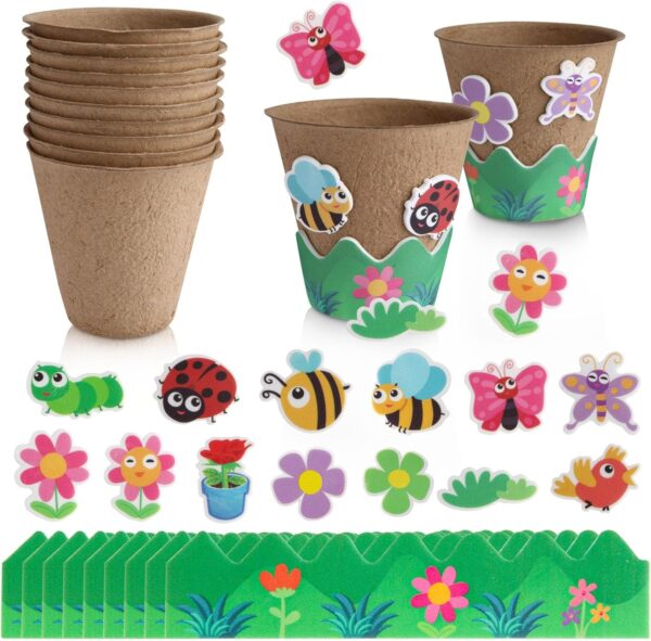 220 PCS Garden Paper Pot Craft Kit Flower Plant Spring Craft with 20 PCS Paper Flower Pots 180 PCS Adhesive Stickers and 20 PCS