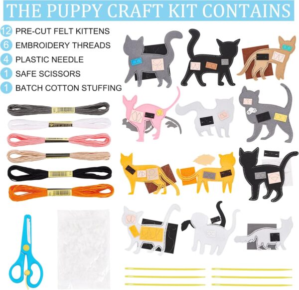 12Set Kids Animals Felt Sewing Kit DIY Kitten Sewing Craft Kit Felt Plushies Craft Sewing Stuff Handmade Crafting and Sewing Cat - Image 2