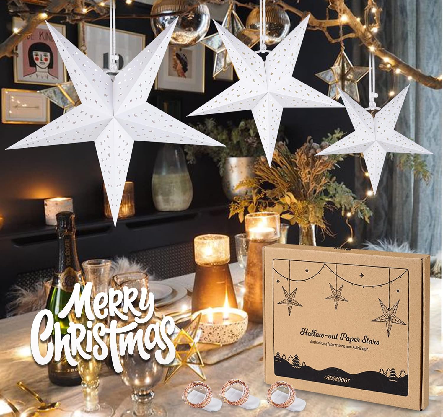 HOUISM Paper Star Lantern with 3PCS Fairy String Lights 30LED 1.5M 3PCS White Star Moon Cut Out Paper Star Lantern with 3 Sizes 30 40 50cm for Indoor Outdoor Room Wedding Christmas Party Decor Shop f...