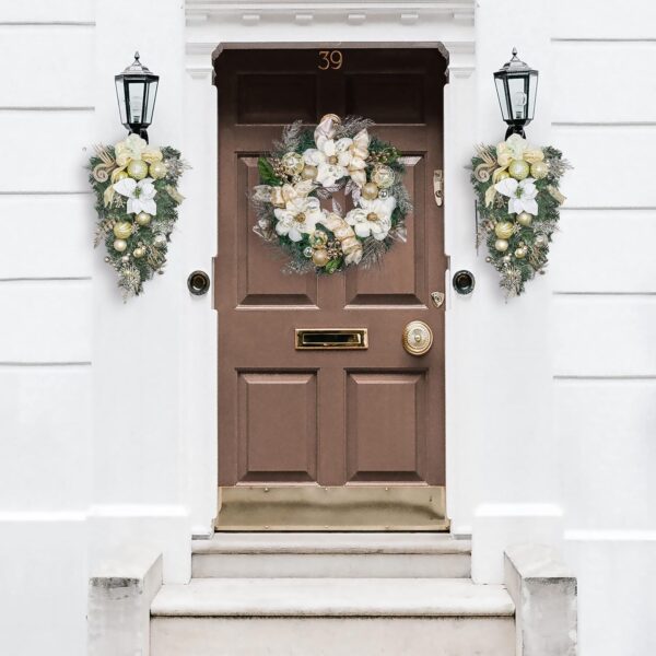 Valery Madelyn Pre-Lit Christmas Teardrop Swag for Decorating Outdoor, 24 Inch Mailbox Swag Decoration with 20 LED Lights, White Gold Ball Ornament for Front Door Stairway Window Shelf Xmas Decor - Image 8