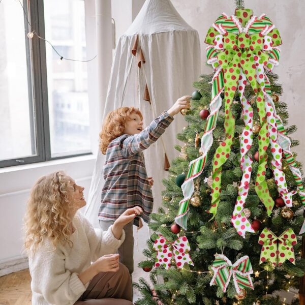 1 Large Christmas Tree Topper Bows and 12Pcs Small Wreath Bows Set Candy Stripe Red Green Dot Bow Xmas Ornaments for Christmas, Holiday Party, Indoor/Outdoor Home Decor, 47"x13" - Image 3