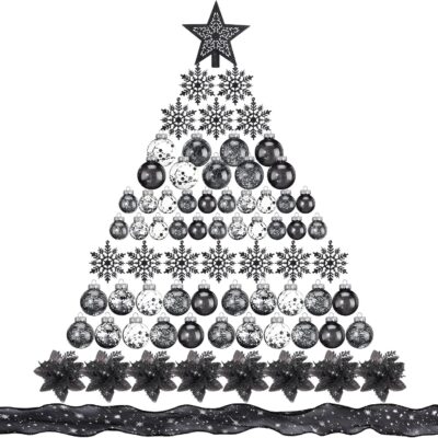 Jenaai 74 Pcs Christmas Ball Ornaments Set Plastic Shatterproof Christmas Tree Decorations with Hanging Snowflakes Ribbons Artificial Poinsettia Flowers Tree Topper for Xmas Tree Decor(Black)
